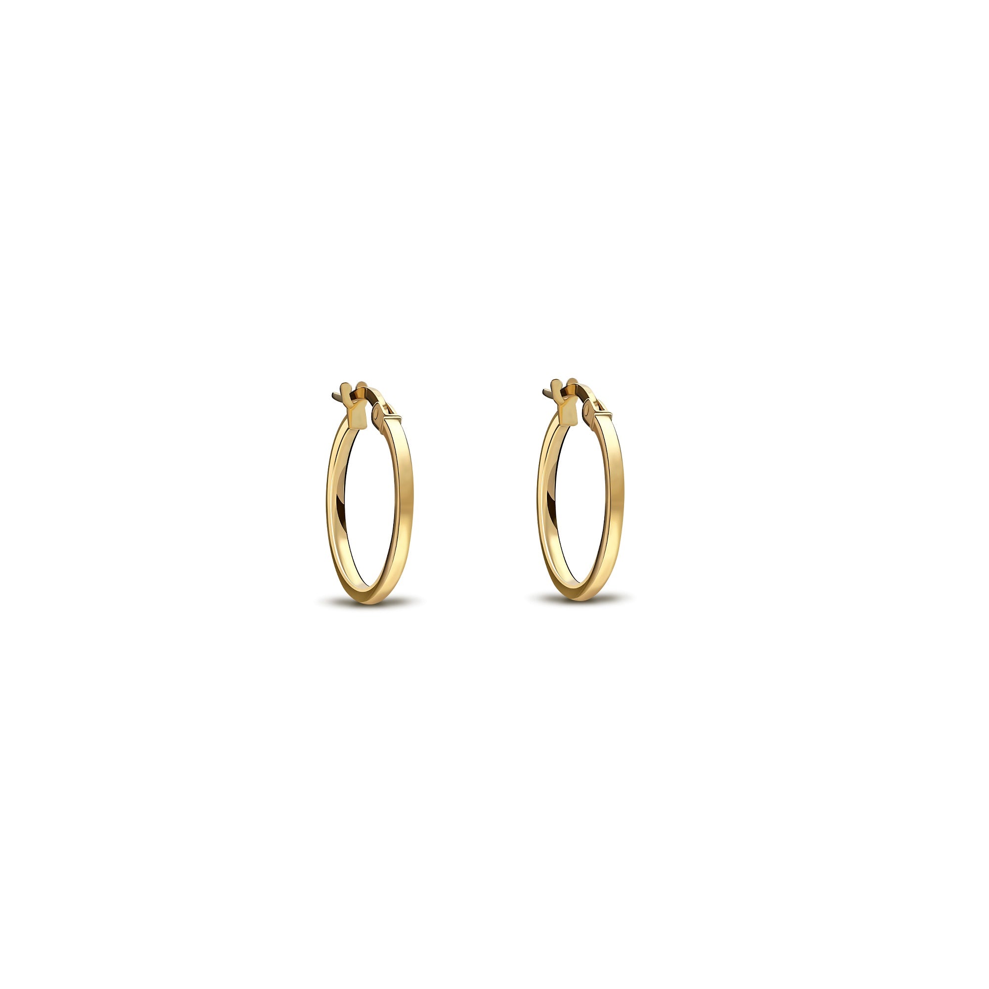 Pair of 14mm polished 9ct yellow gold plain hoop earrings with a smooth finish and hinged clasp fastenings, shown from the side.