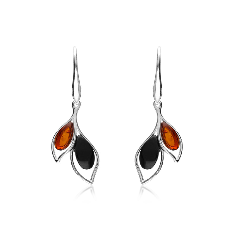 Sterling Silver Whitby Jet & Amber Mixed Leaf Drop Earrings