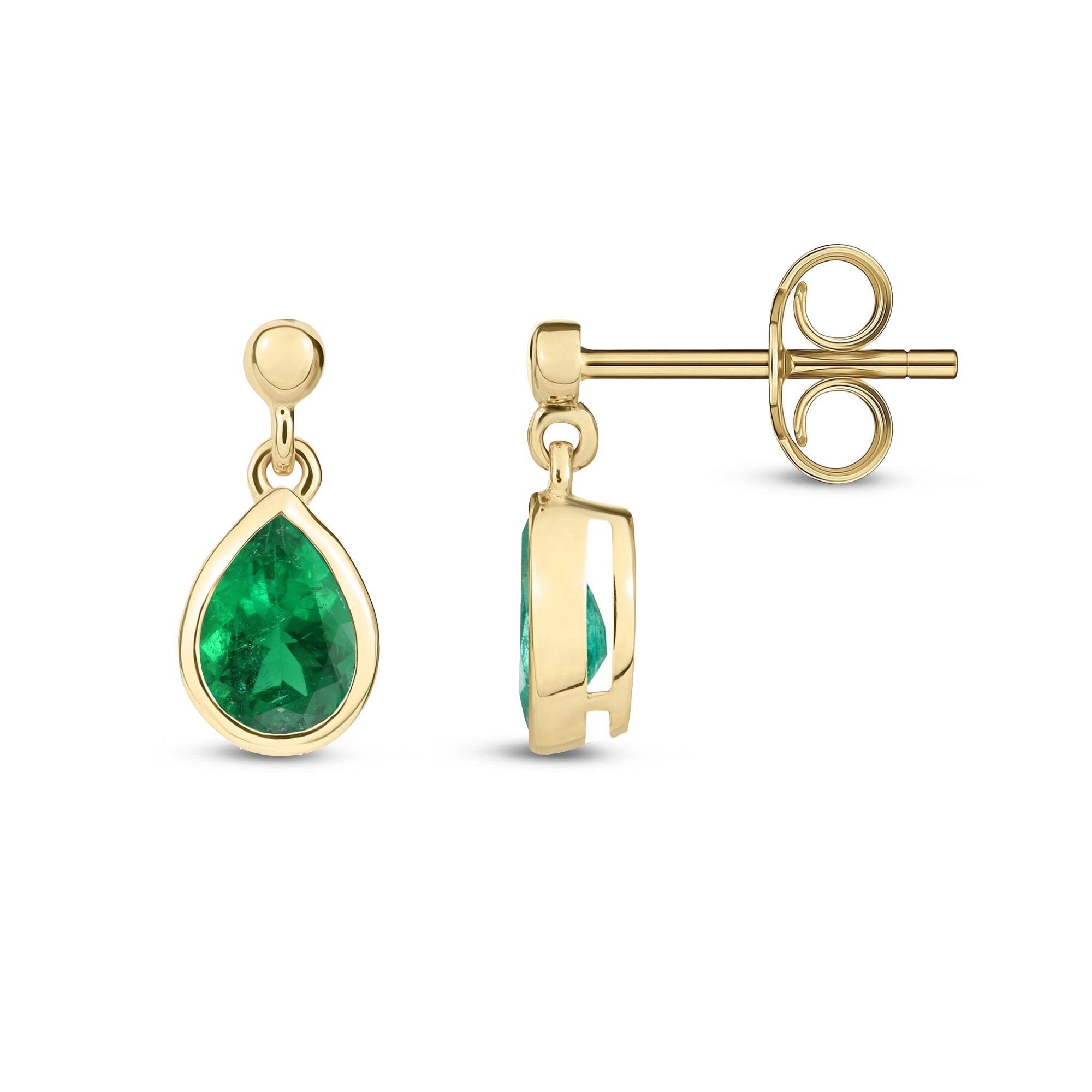 A pair of 9ct yellow gold drop earrings featuring pear-shaped faceted green emeralds, presented in a side-by-side view with one earring showing the back post and loop.