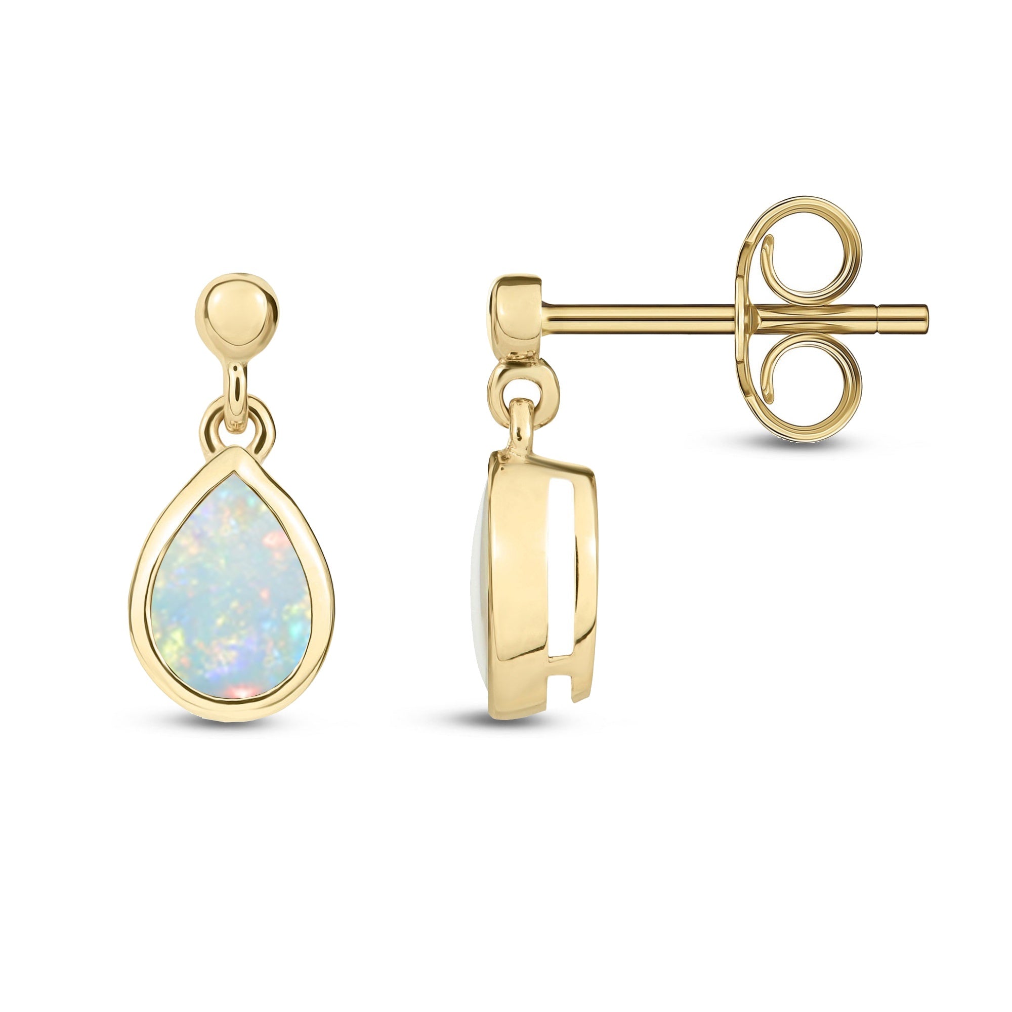 A pair of 9ct yellow gold opal teardrop drop earrings with a rub over setting.