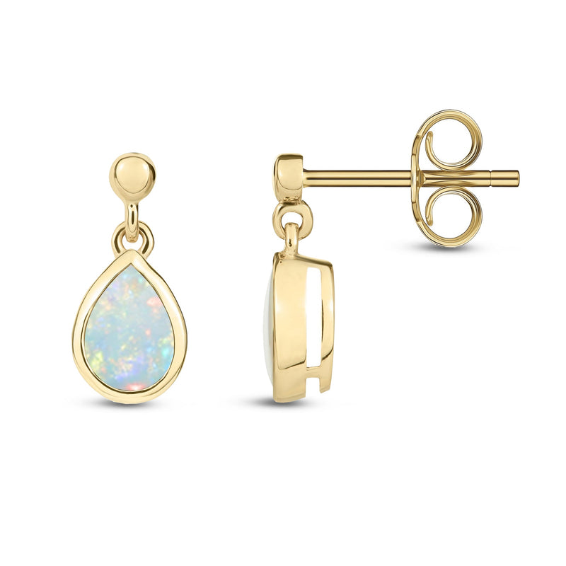 A pair of 9ct yellow gold opal teardrop drop earrings with a rub over setting.
