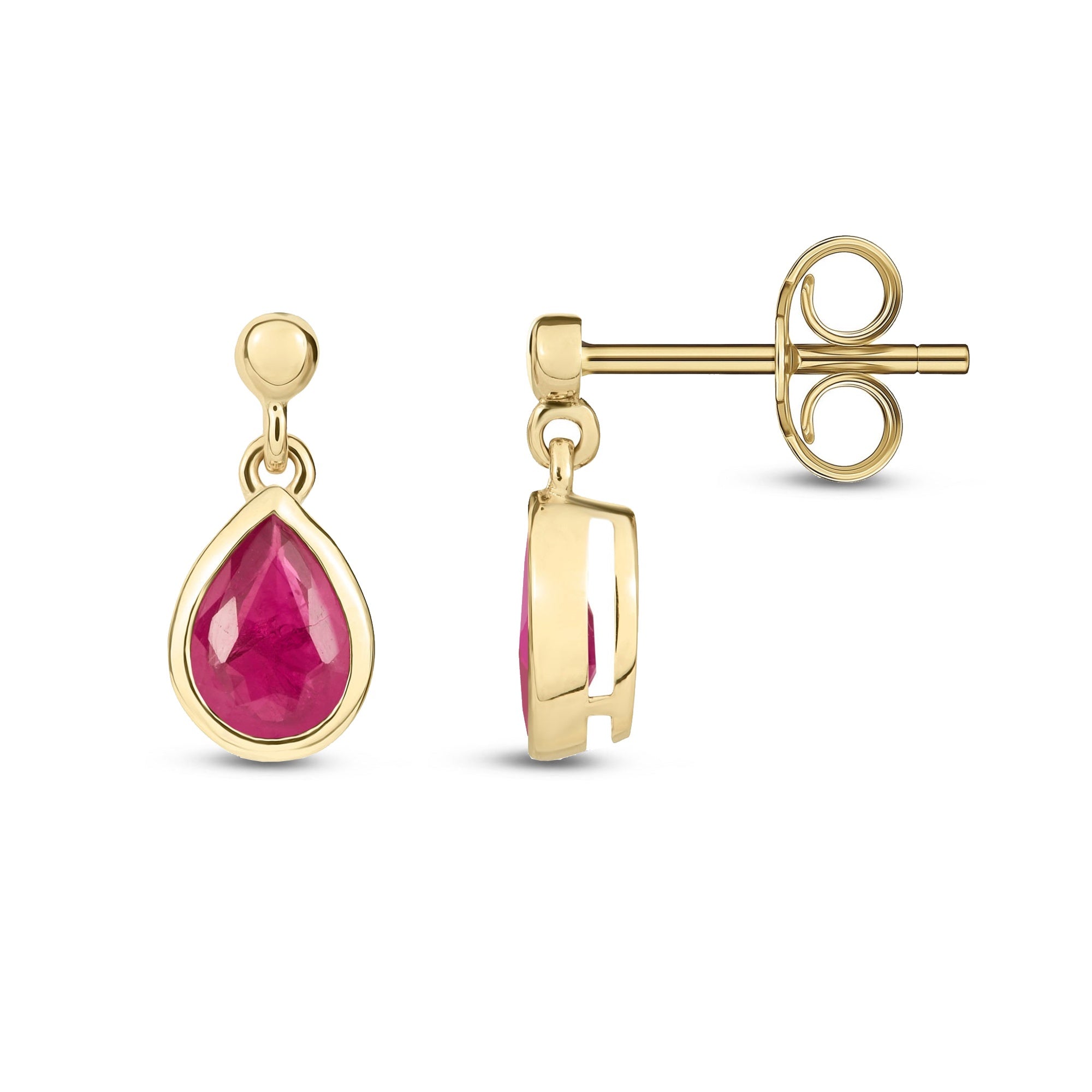 A pair of teardrop-shaped ruby earrings set in 9ct yellow gold, presented in a side-by-side view with a focus on the detail of the gemstones and the metallic gold setting.