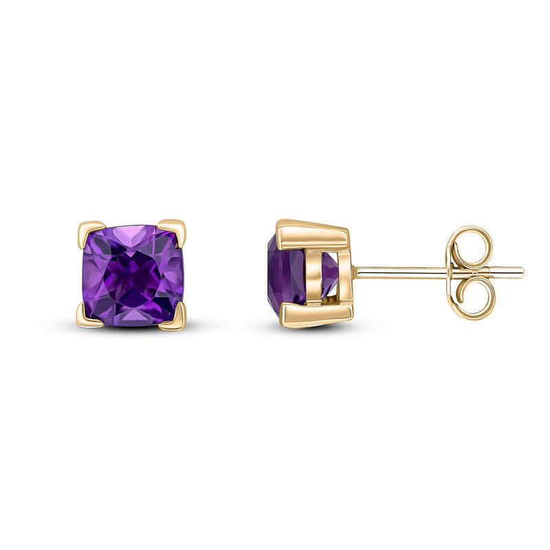 9ct Yellow Gold Cushion Amethyst Claw Set Stud Earrings 1.64ct