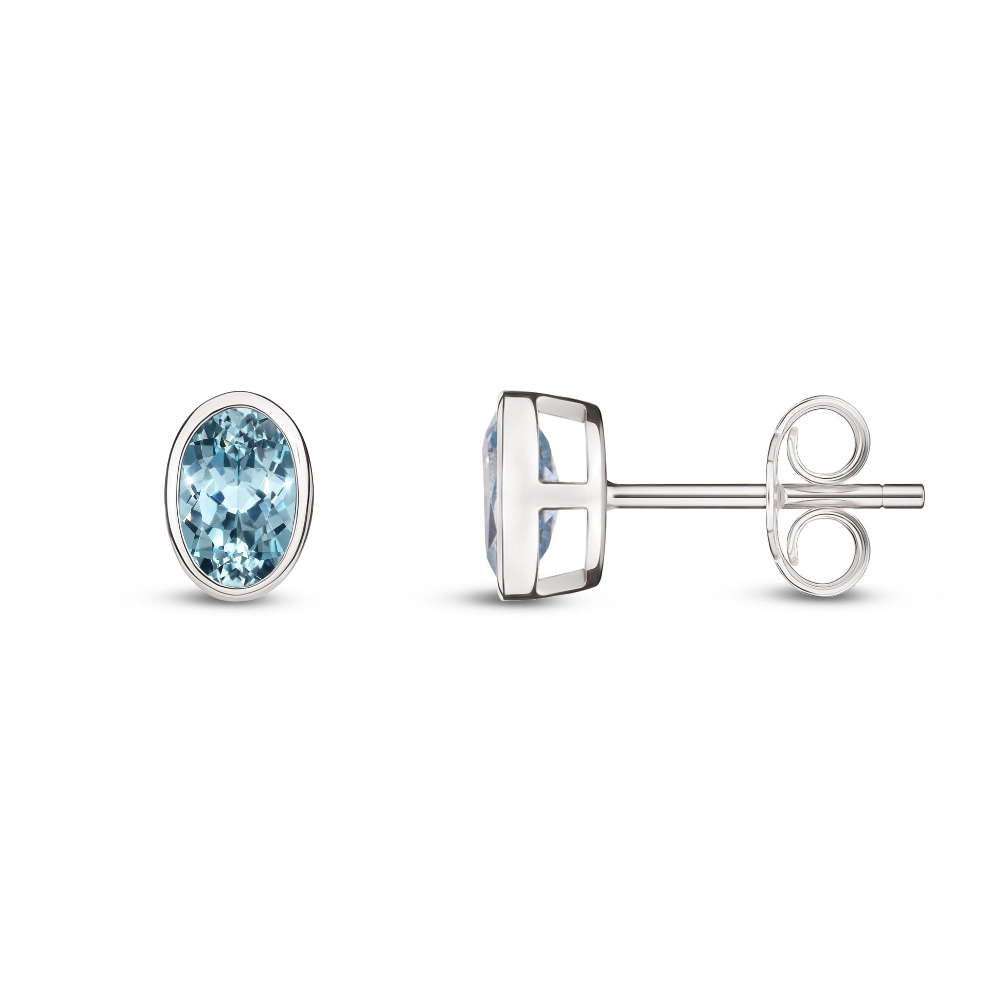 9ct White Gold Aquamarine Rub Over Oval Stud Earrings