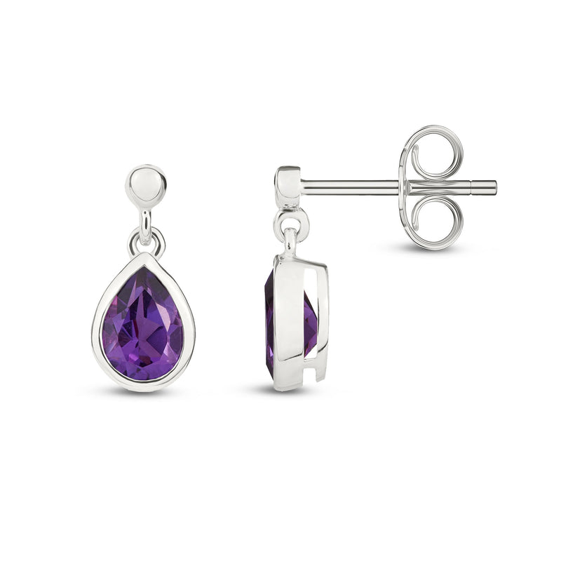 9ct White Gold Amethyst Pear Rubover Stud Drop Earrings 6x4mm