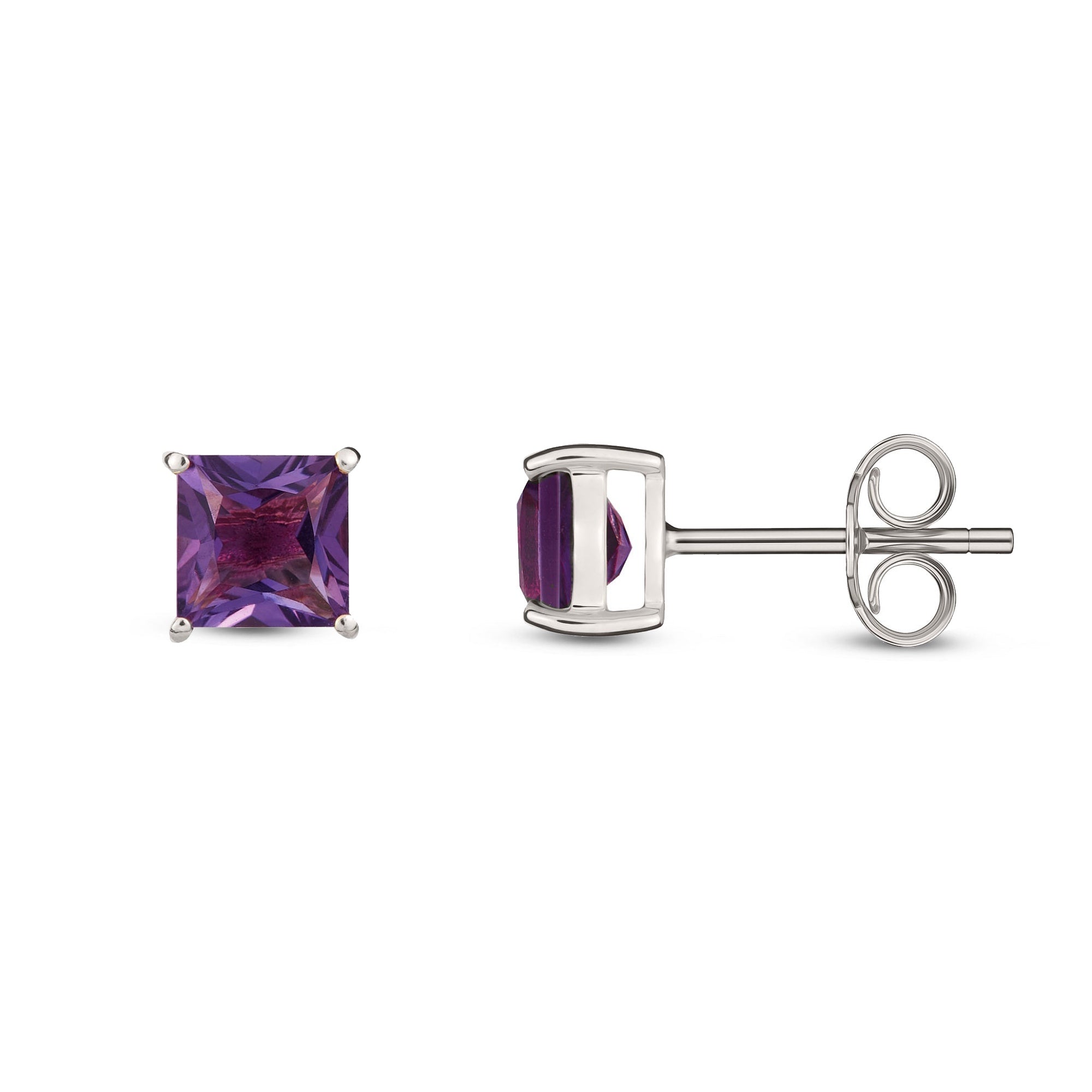 9ct White Gold Amethyst Four Claw Princess Cut Stud Earrings