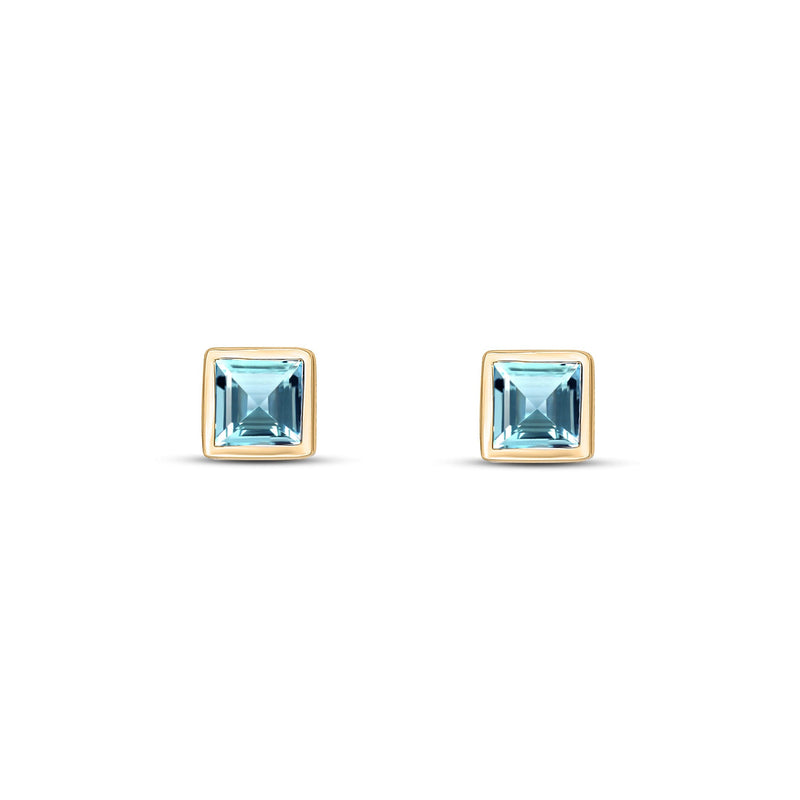 9ct Yellow Gold 3mm Aquamarine Princess Cut Rubover Earrings