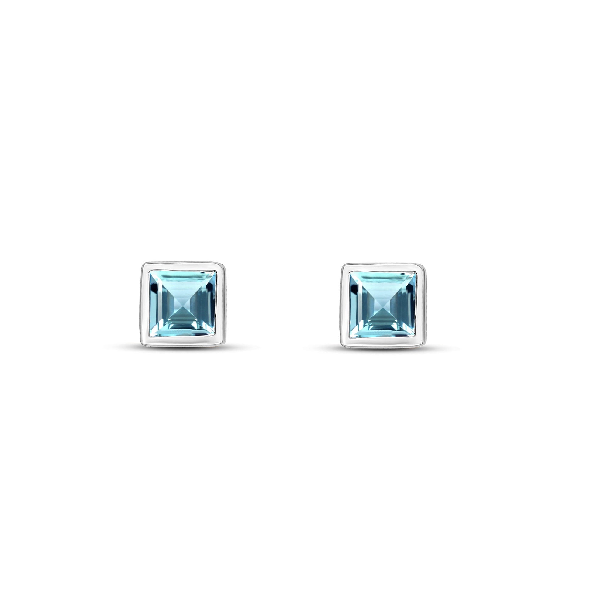 9ct White Gold 3mm Aquamarine Princess Cut Rubover Earrings