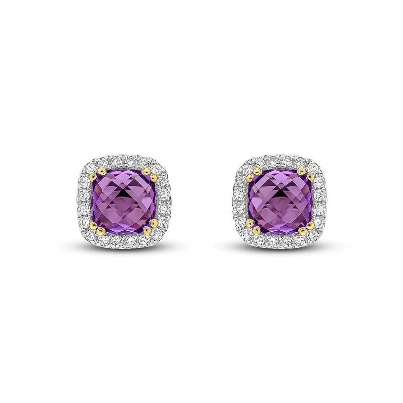 9ct Yellow Gold Cushion Amethyst & Diamond Cluster Earrings 1.32ct