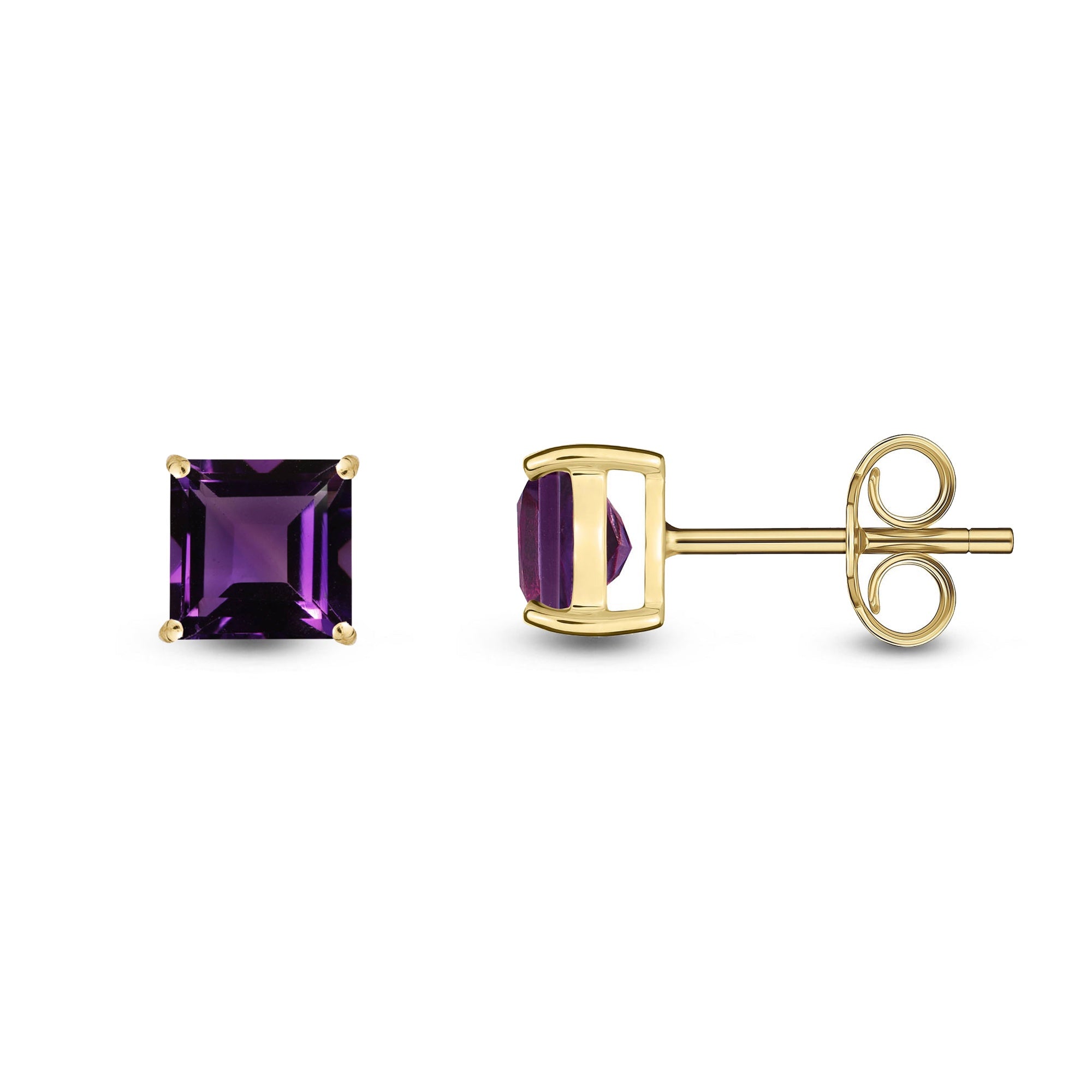 9ct Yellow Gold Amethyst Four Claw Princess Cut Stud Earrings 1.28ct