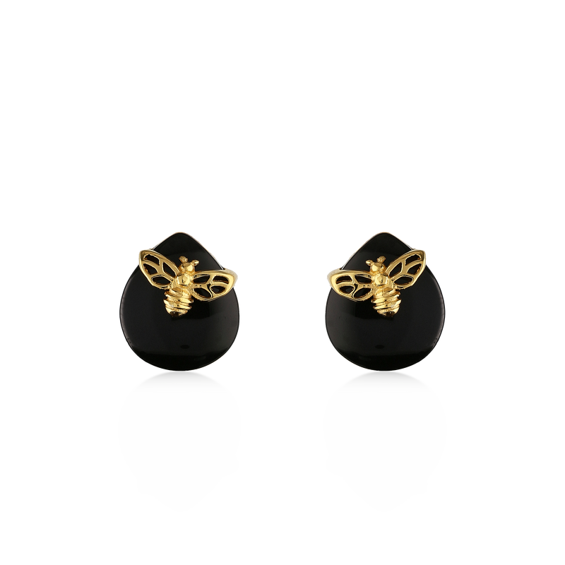 Gold Vermeil Whitby Jet Teardrop Bee Stud Earrings