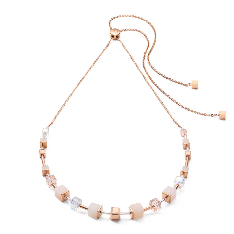 GeoCUBE Big Gemstones, Swarovski Crystals & Stainless Steel Rose Gold Peach Necklace