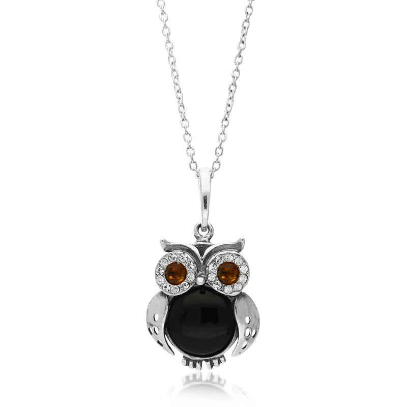 Sterling Silver Whitby Jet & Amber Owl Pendant