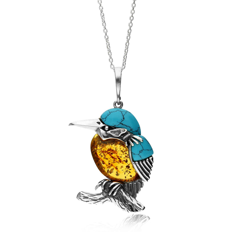 Sterling Silver Large Amber & Turquoise Kingfisher Pendant