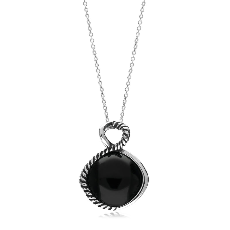 Sterling Silver Whitby Jet Half Rope Edge Round Pendant