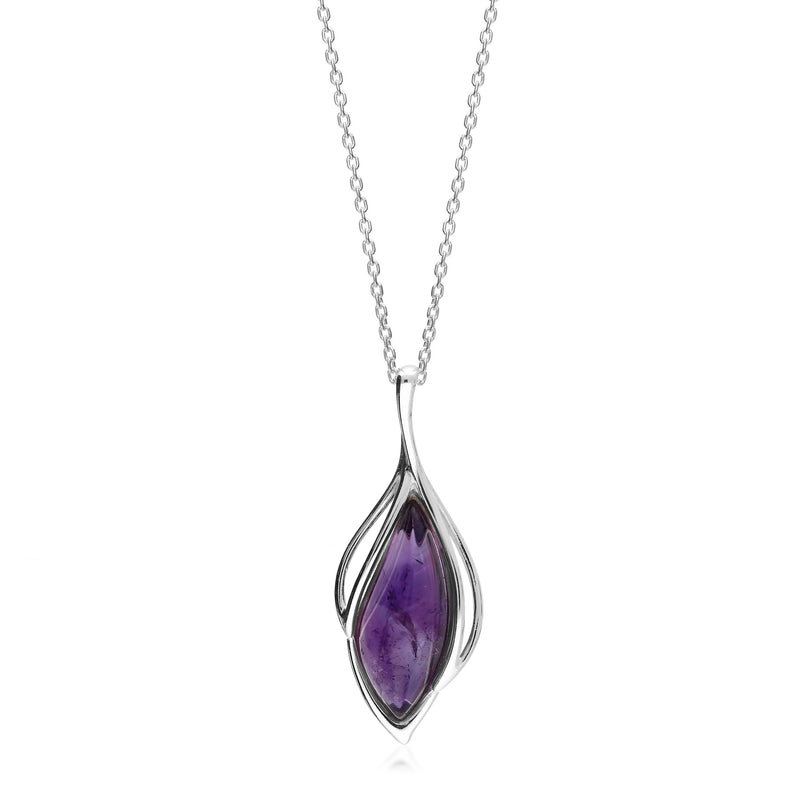 A sterling silver pendant with a marquise shaped amethyst gemstone, attached to a silver chain.