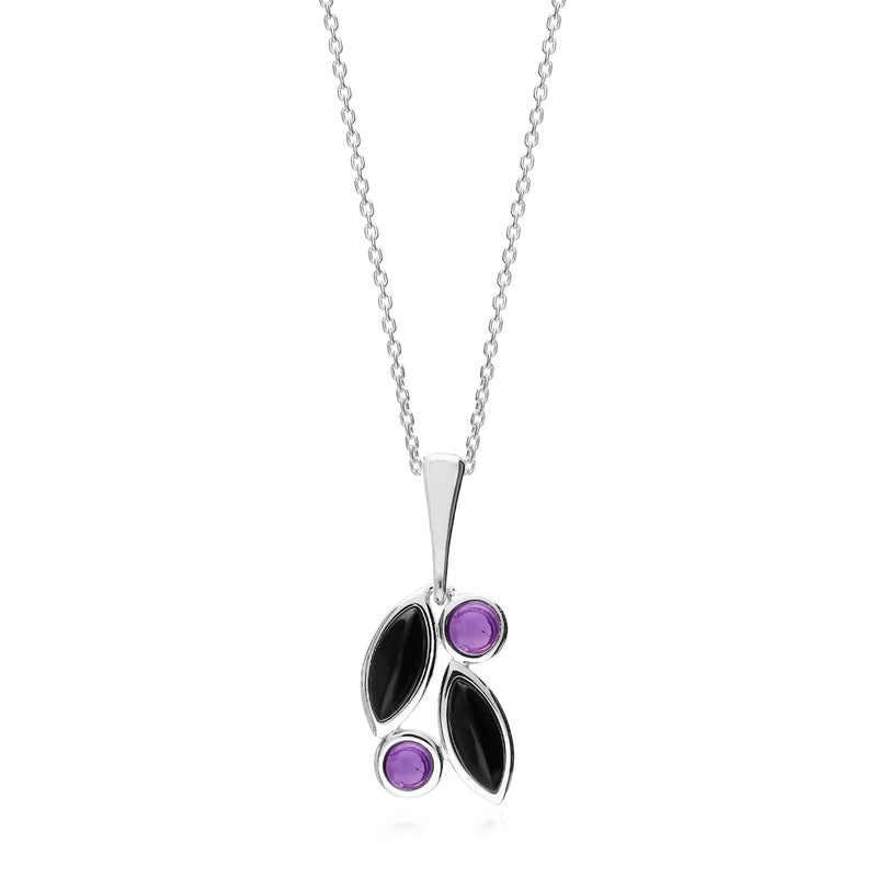 Sterling Silver Whitby Jet & Amethyst Leaf Pendant