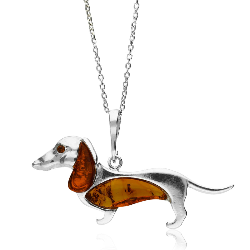 Sterling Silver Amber Sausage Dog Pendant