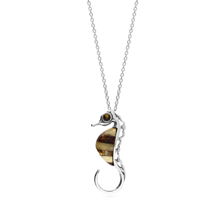 Sterling Silver Large Amber Seahorse Pendant