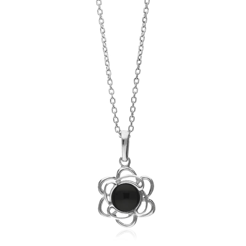 Sterling Silver Whitby Jet Small Flower Necklace