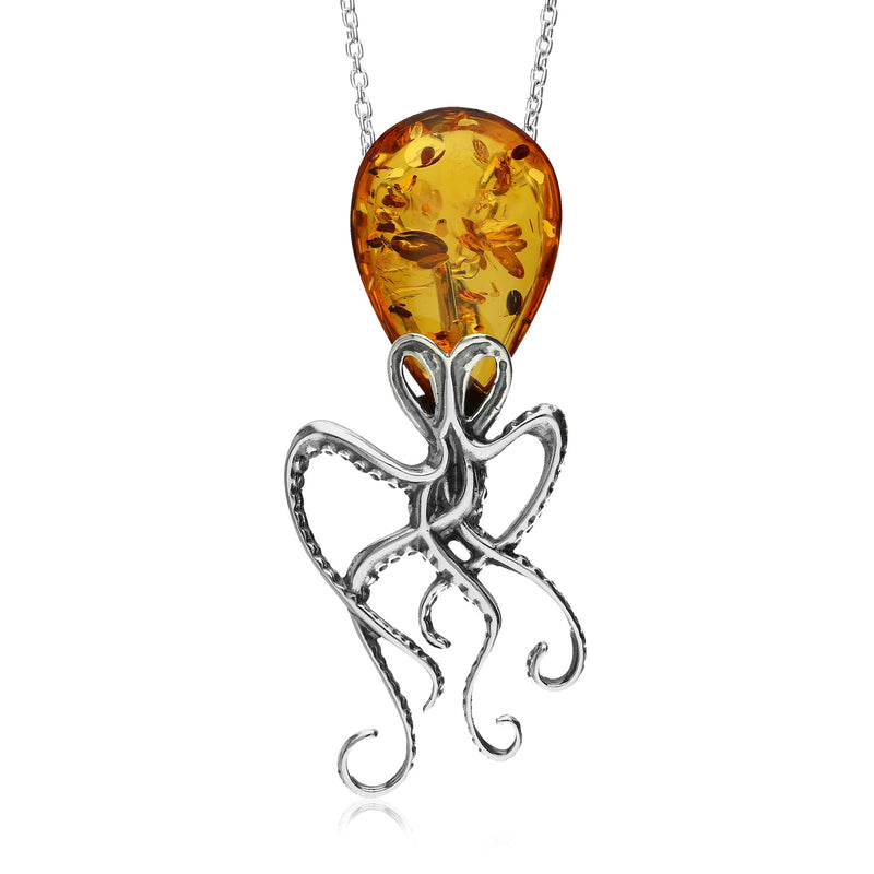 Sterling Silver Amber Large Octopus Pendant