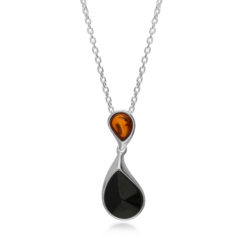 Sterling Silver Double Teardrop Whitby Jet and Amber