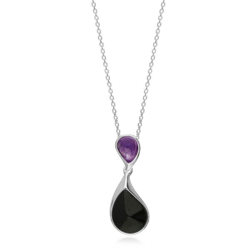 Sterling Silver Double Teardrop Whitby Jet and Amethyst
