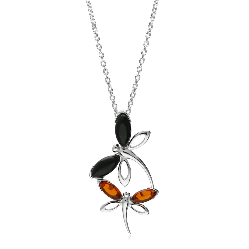Sterling Silver Whitby Jet & Amber Dragonfly Pendant
