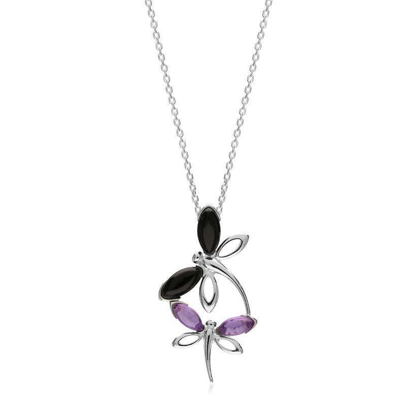 Sterling Silver Whitby Jet & Amethyst Dragonfly Pendant