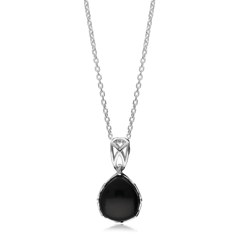 Sterling Silver Whitby Jet Filagree Pear Drop Pendant