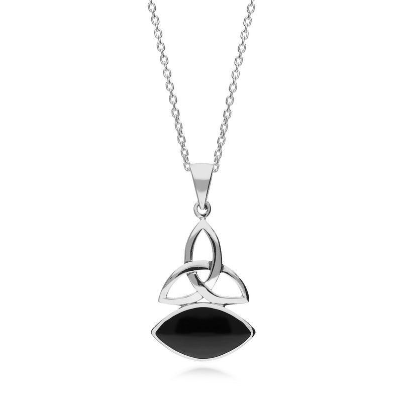 Sterling Silver Whitby Jet Celtic Trinity Knot Wide Marquise Pendant