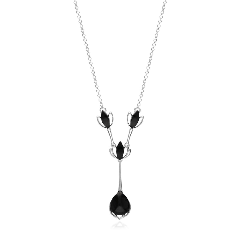 Sterling Silver Whitby Jet Three Lotus Flower Drop Necklace