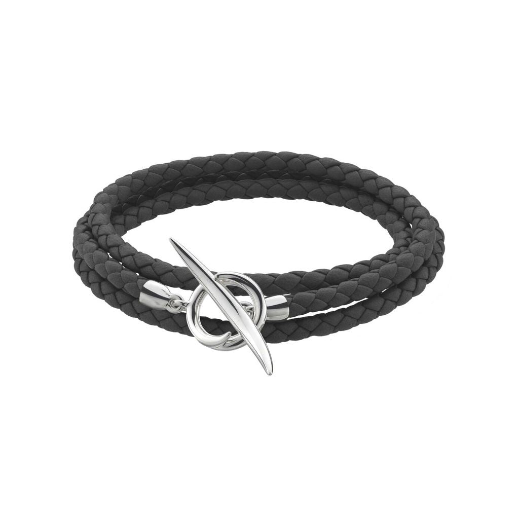 Silver Quill Black Leather Wrap Bracelet