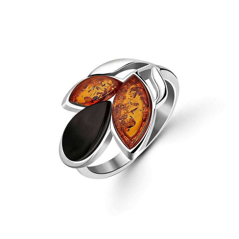 Sterling Silver Whitby Jet & Amber Three Leaf Ring