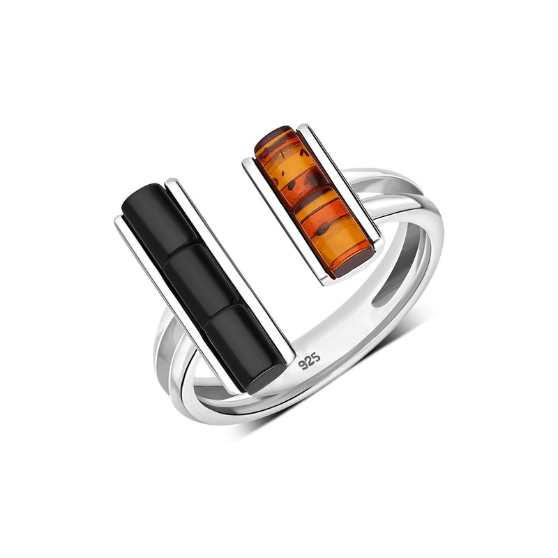 Sterling Silver Whitby Jet and Cognac Amber Ring