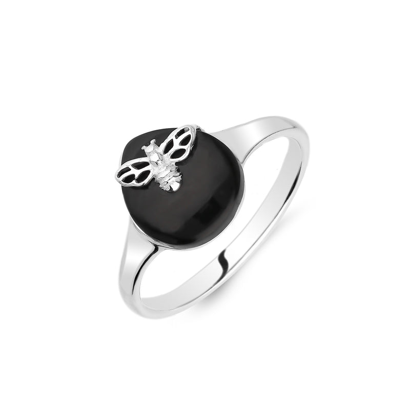 Sterling Silver Whitby Jet Teardrop Bee Ring