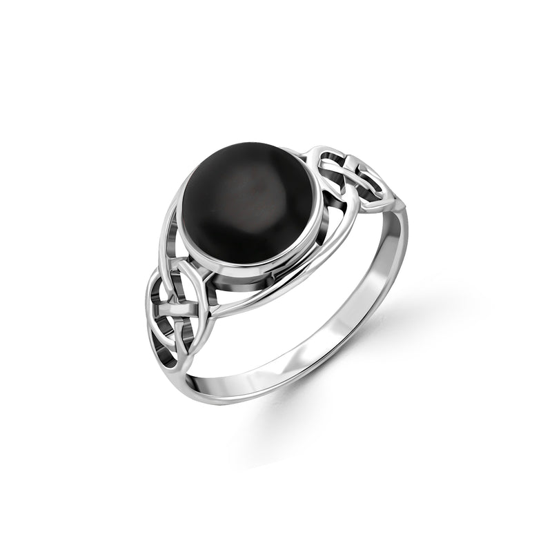 Sterling Silver Whitby Jet Celtic Round Ring