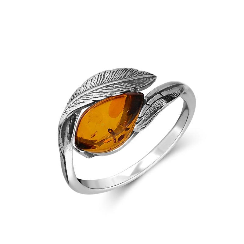 Sterling Silver Amber Feather Ring
