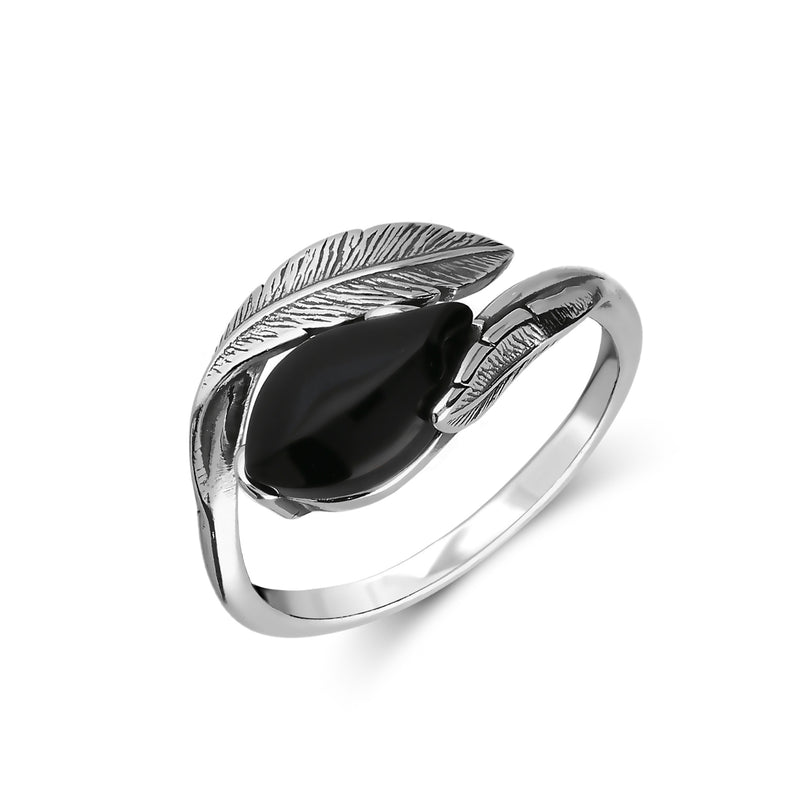 Sterling Silver Whitby Jet Feather Ring