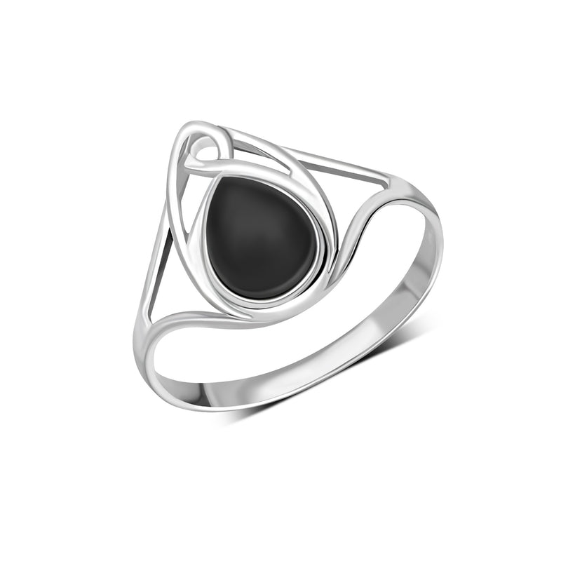 Sterling Silver Whitby Jet Celtic Teardrop Ring