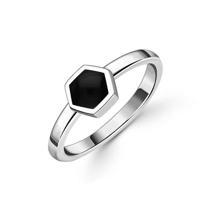 Sterling Silver Whitby Jet Hexagon Rubover Ring