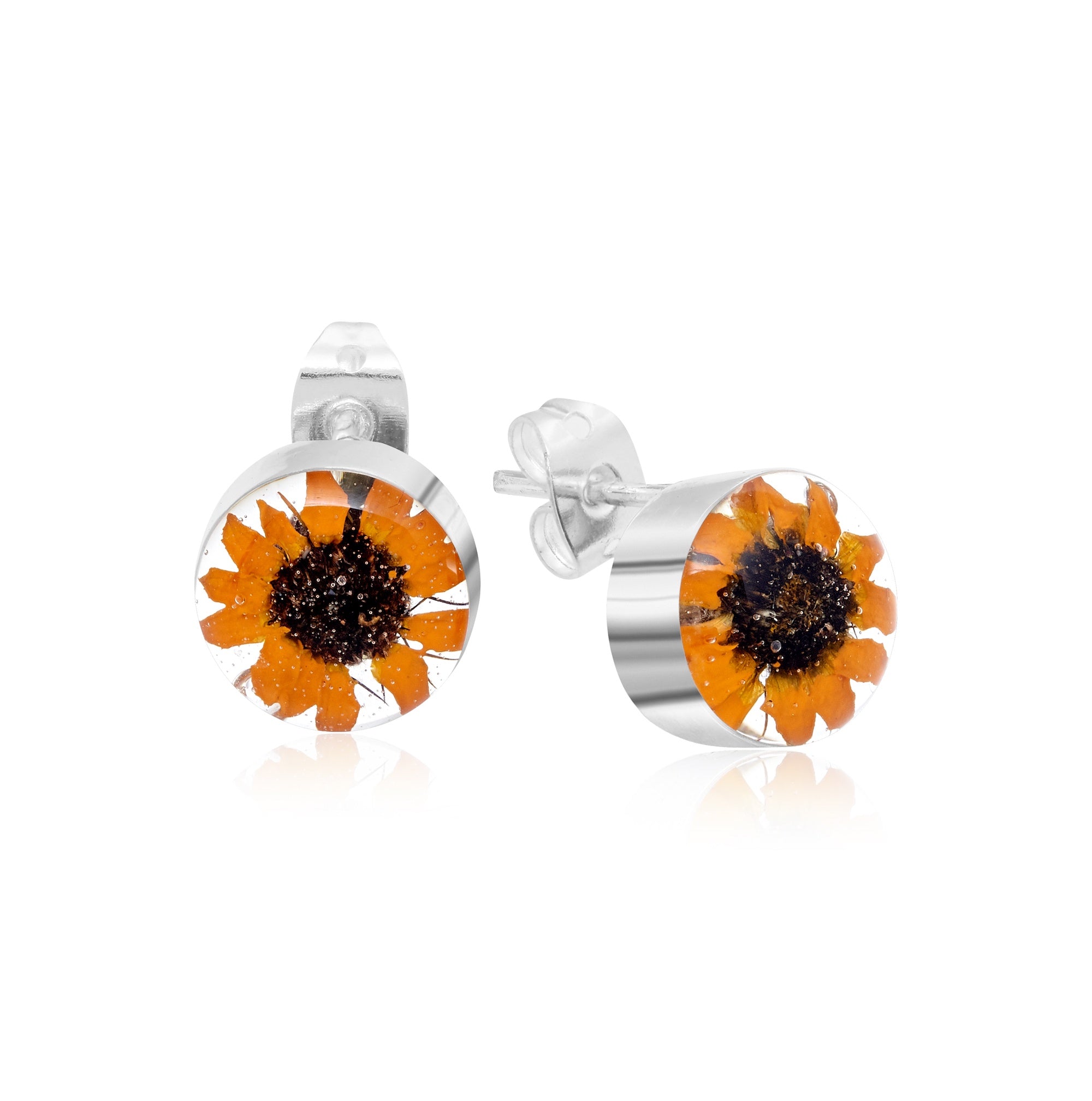 Sterling Silver Sunflower Round Stud Earrings