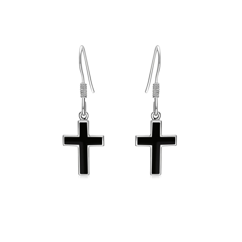 Sterling Silver Whitby Jet Cross Drop Earrings