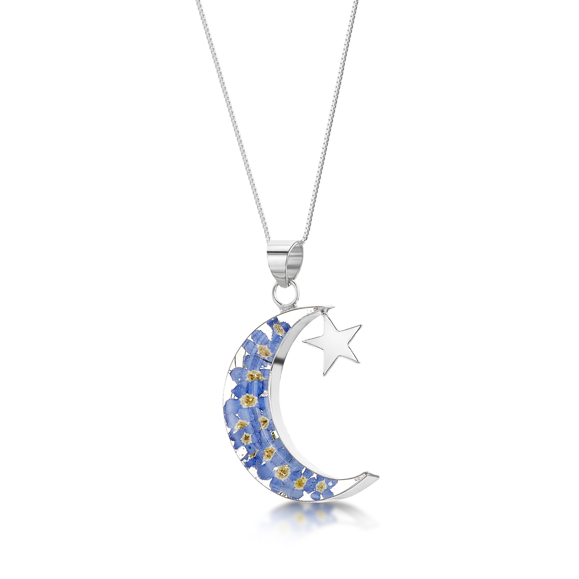 Sterling Silver Forget Me Not Moon & Star Pendant