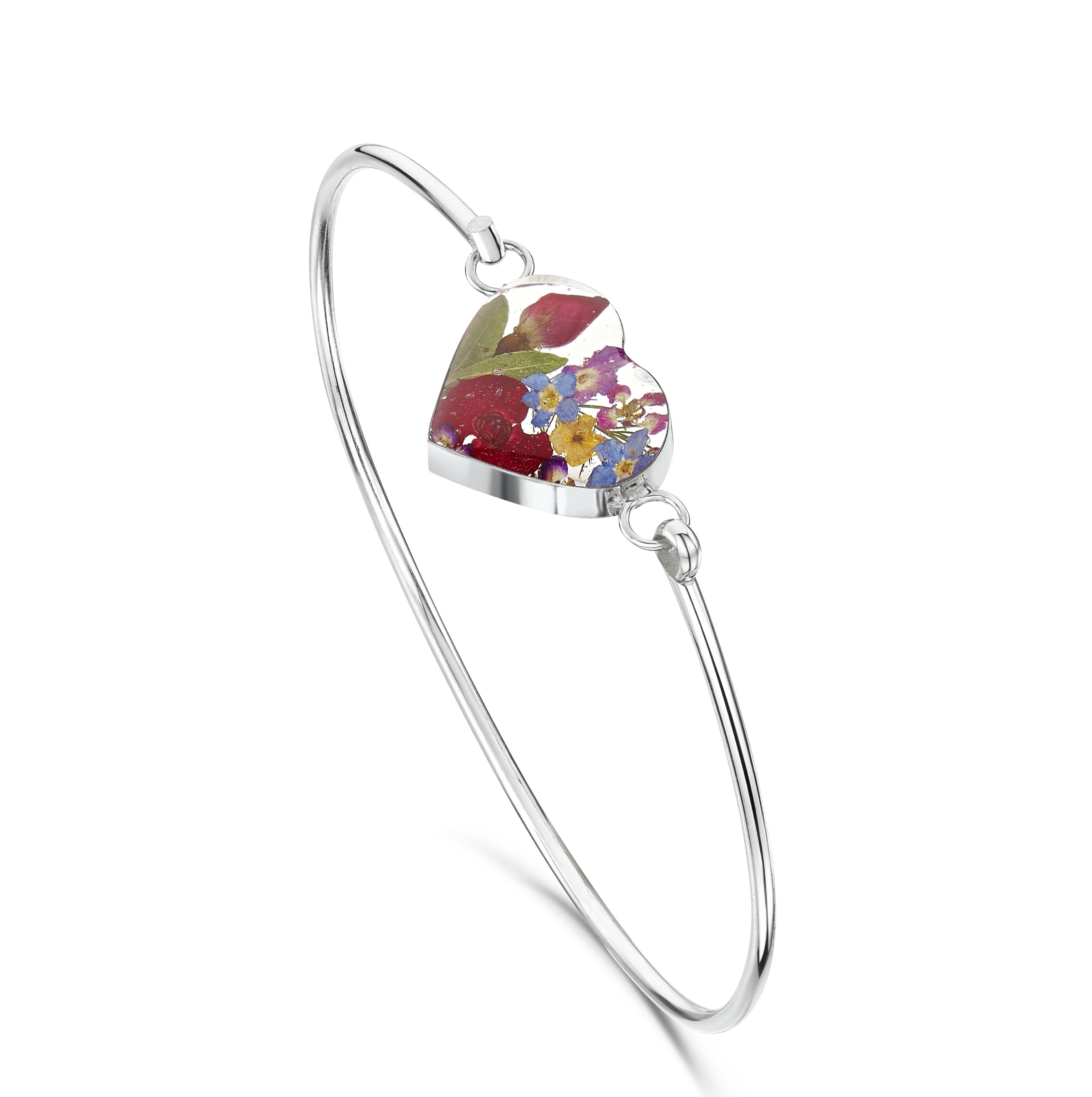 Sterling Silver Mixed Flower Heart Bangle
