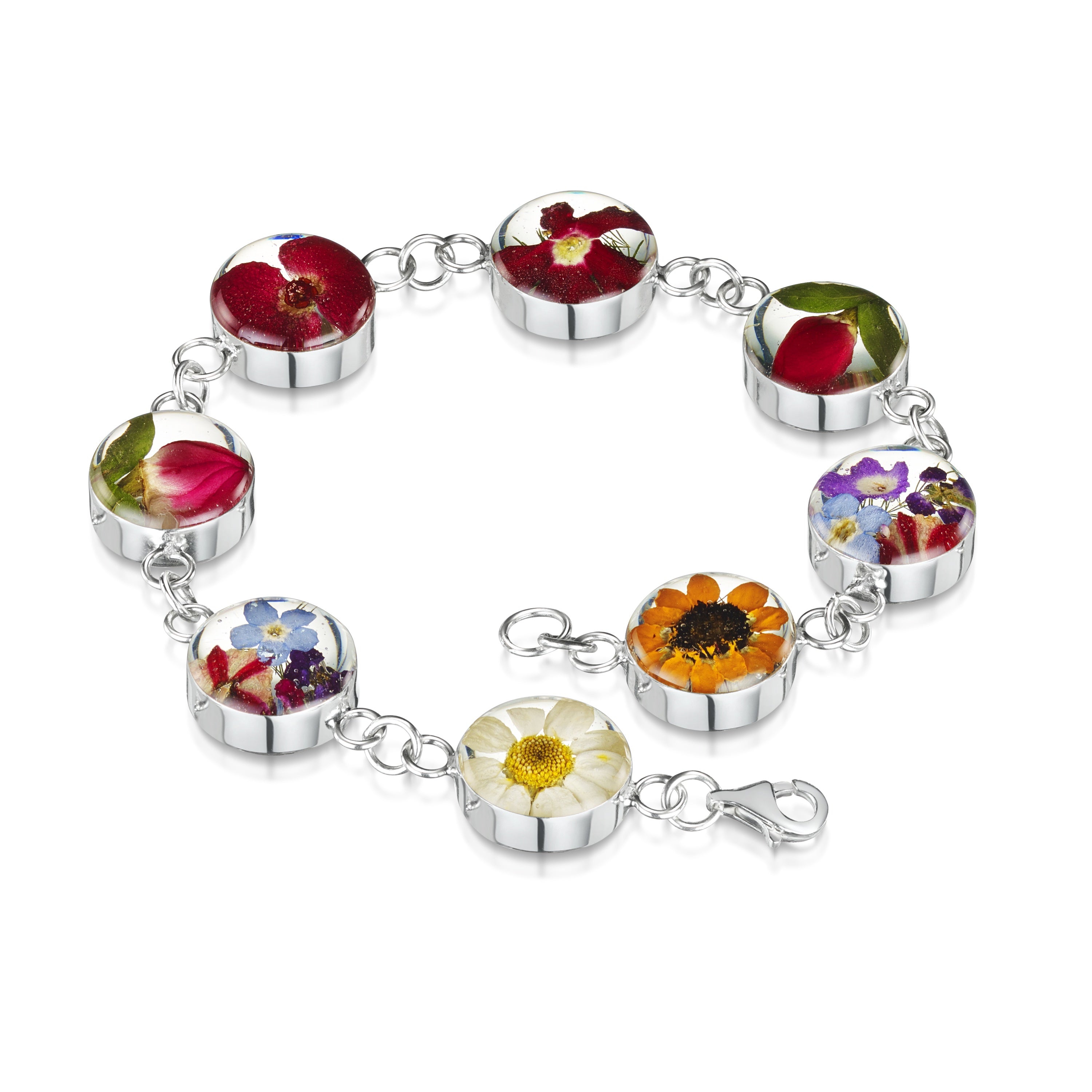 Sterling Silver Mixed Flower Large Round Bracelet