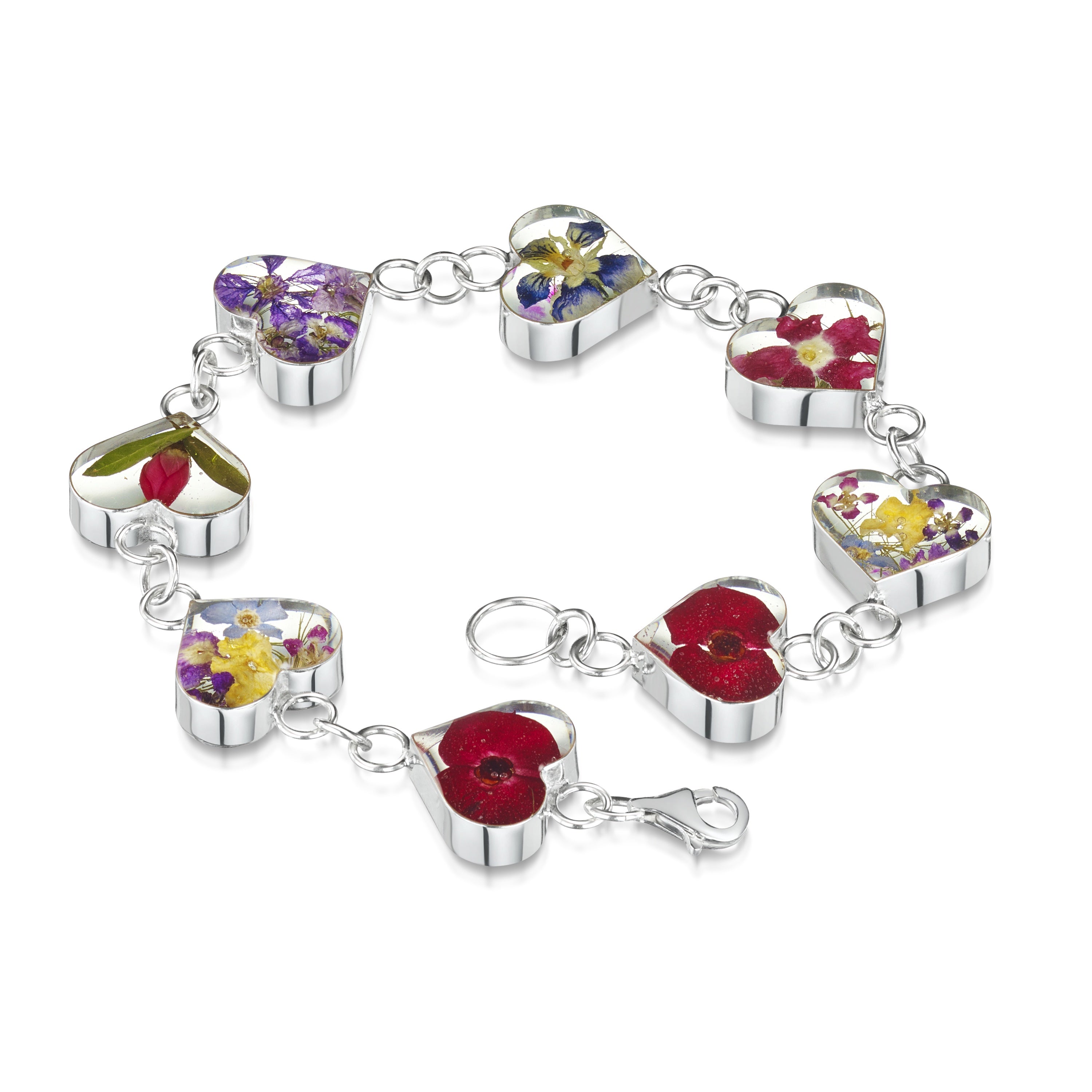 Sterling Silver Mixed Flower Large Heart Bracelet