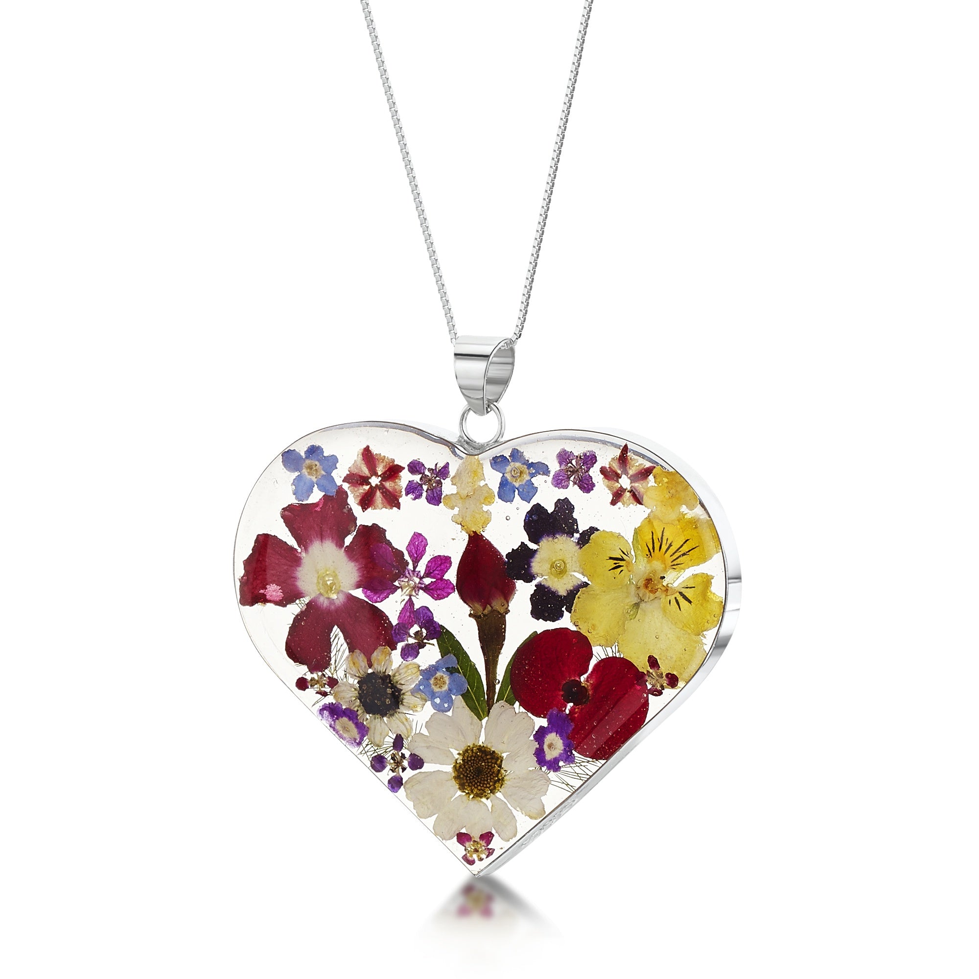 Sterling Silver Mixed Flower Large Heart Pendant