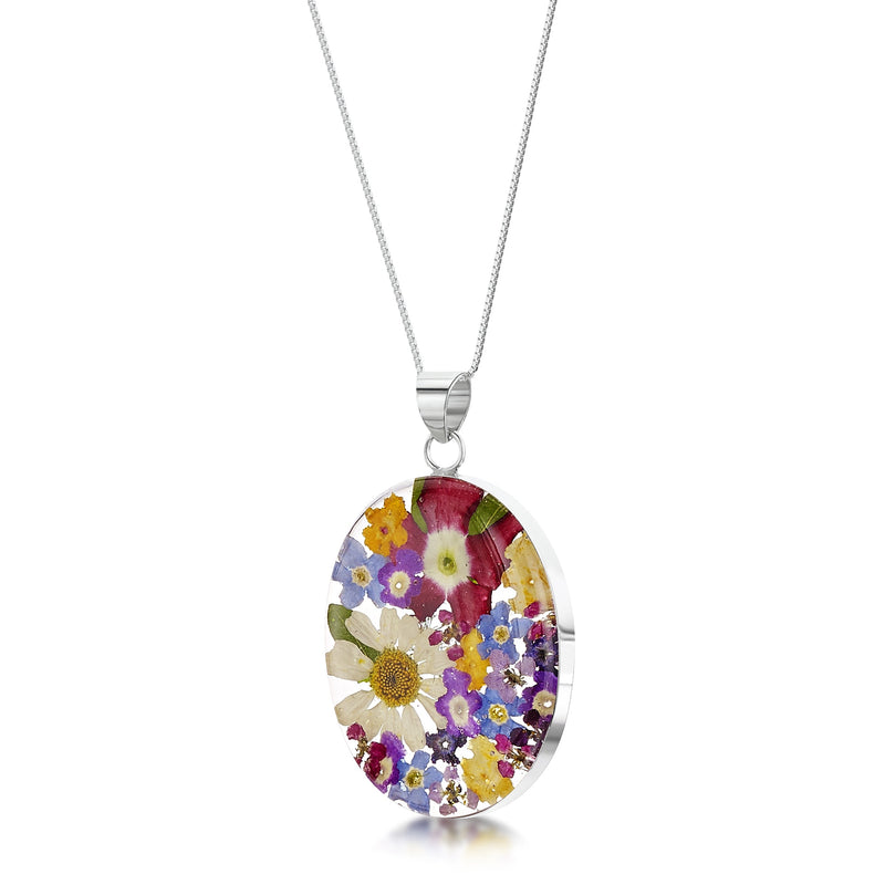 Sterling Silver Mixed Flower Oval Pendant